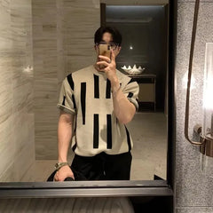 HEARUJOY  -  Men's Beige Black Geometric Striped Knit T-shirt Crew Neck Short Sleeve Casual Slim Fit Top For Daily Streetwear