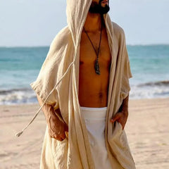 HEARUJOY  -  Men's Summer Mid-length Cardigans Loose Casual Sun Protection Clothes Beach Holiday Style Loose Shawl Coat Male Long Hooded Cape