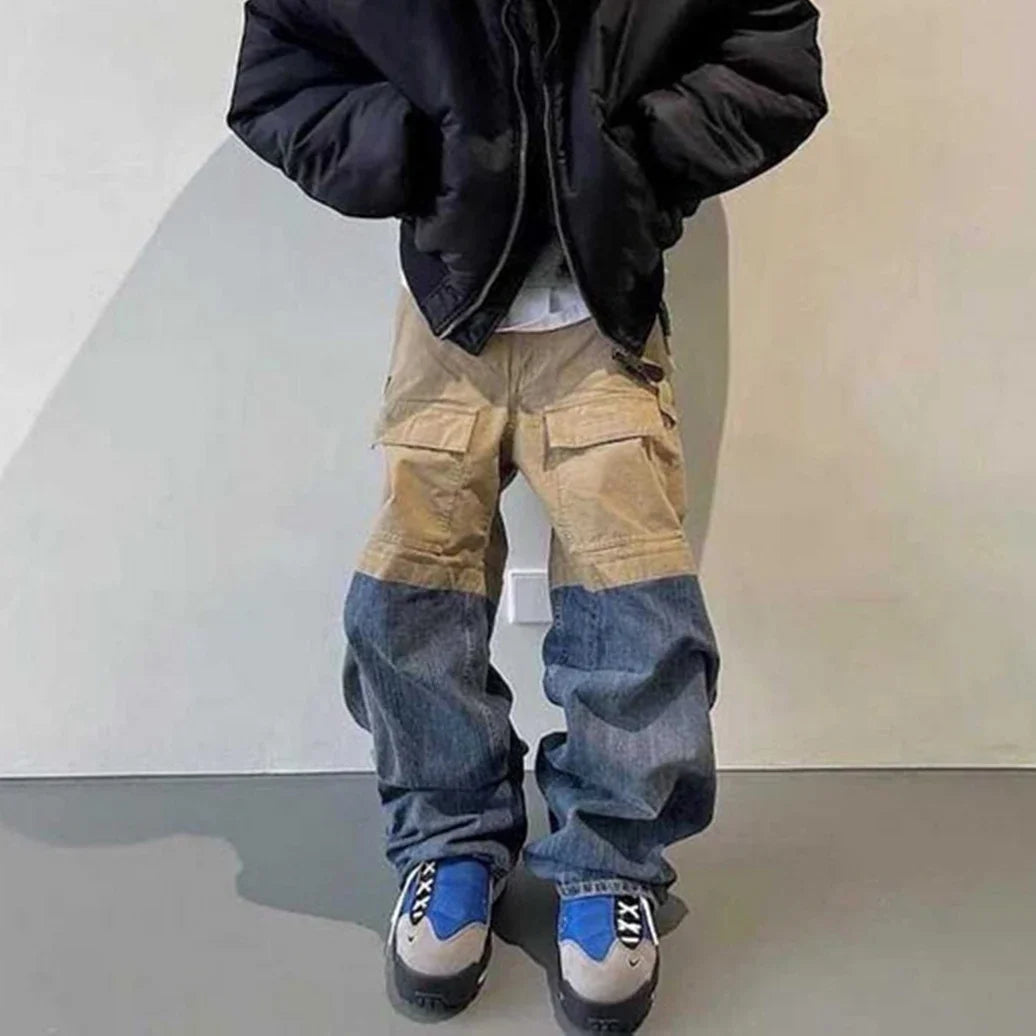 Hearujoy Color Match Ripped Hole Baggy Multi-pockets Wide Leg Cargo Pants Mens Streetwear Patchwork Loose Baggy Overalls Oversized Jeans