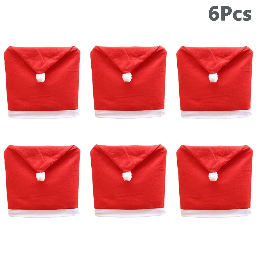 YICKYUE  -  6PCS Christmas Decor Chair Covers, Santa Claus Red Hat Chair Cap Kitchen Dining Chair Slipcovers Sets For Christmas Holiday