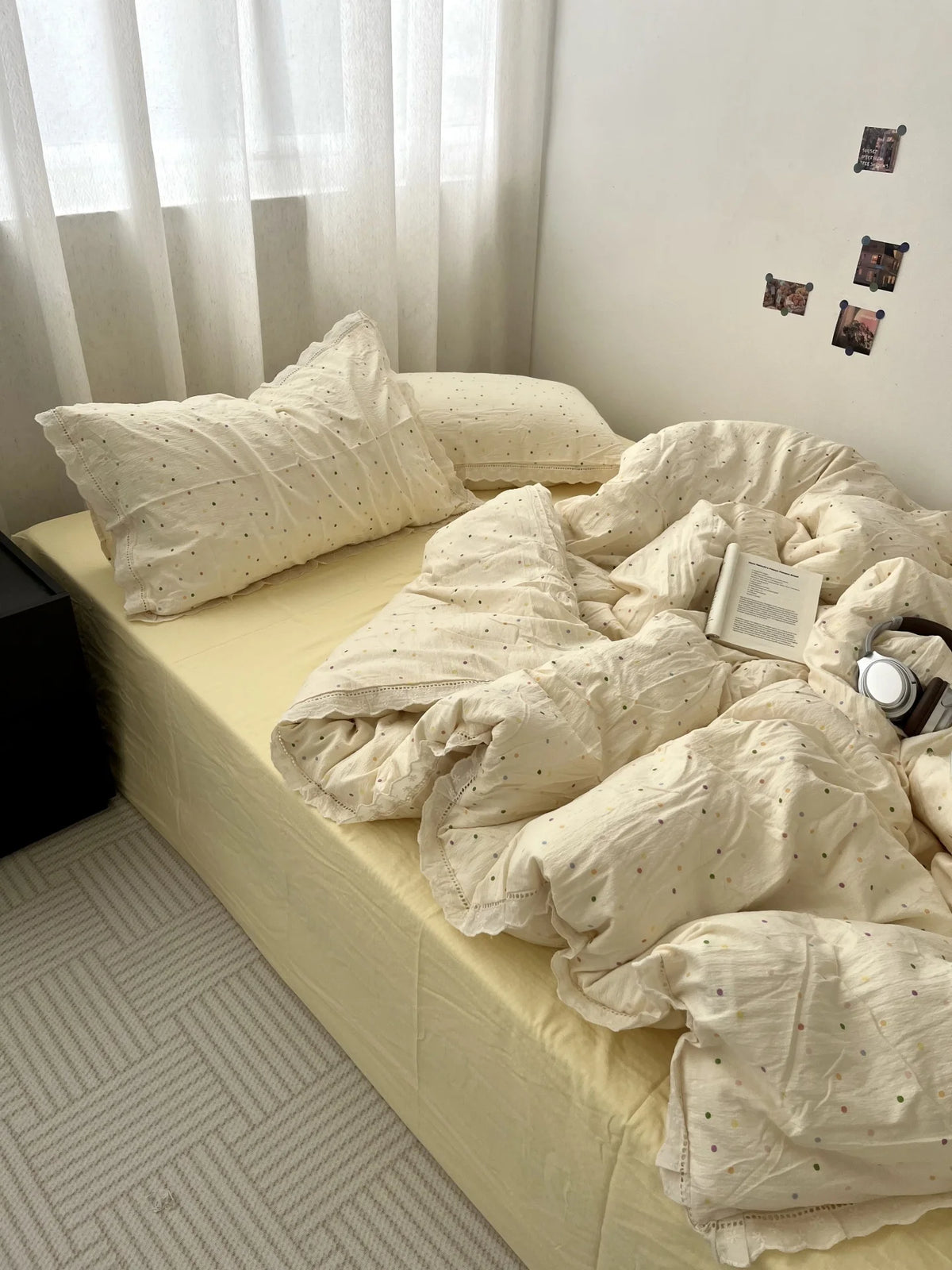 YICKYUE  -  Pink Polka Dot Lace Washed Cotton Bedding Set Three Piece Pure Cotton Student Duvet Cover Cotton Quilt Cover All Cotton Sheet