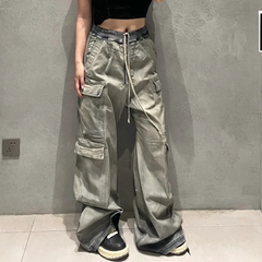 Hearujoy Multi-pockets Wide Leg Ribbons Jeans Pants for Men and Women Streetwear Baggy Denim Trousers Oversized Straight Cargos