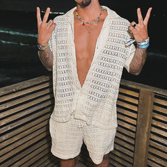 HEARUJOY  -  Summer Men's Knit Hollow Out Suits Sexy Jacquard Mesh Short Sleeve Shirt And Shorts Two Piece Set Fashion Knitted Sports Outfits