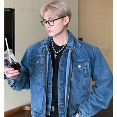 HEARUJOY  -  Blue Retro Denim Jacket Mens Spring Korean Washed Double Layered Collar Cowboy Coats Pockets Loose Hip Hop Outwear Y2K