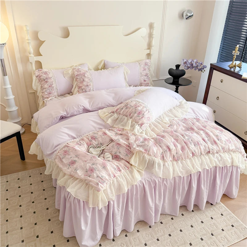 YICKYUE  -  3/4Pcs Princess Style Pink Floral Print Lace Ruffle Boiled Cotton Bed Set Queen Size Double Bed Linen Full-Size For Room