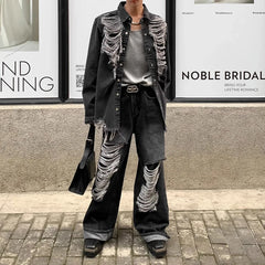 Hearujoy Mens Clothing American Street Loose Trend Contrast Color Ripped Jeans Retro Distressed Straight Fashionable Casual Trousers