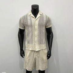 HEARUJOY  -  Summer Men's Knit Hollow Out Suits Sexy Jacquard Mesh Short Sleeve Shirt And Shorts Two Piece Set Fashion Knitted Sports Outfits