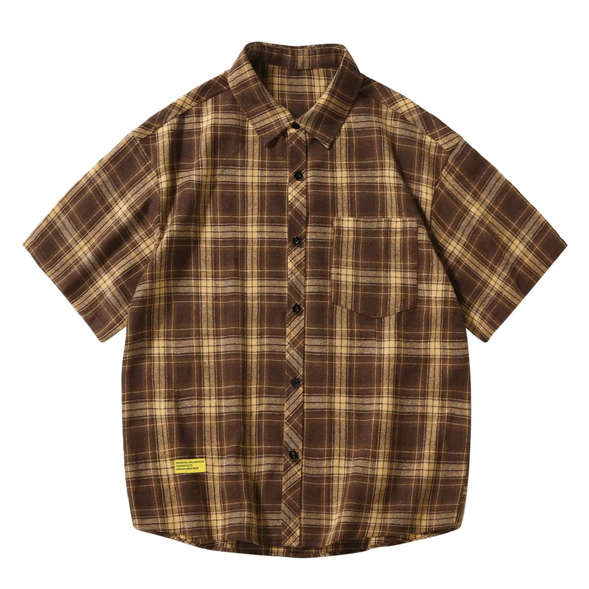 HEARUJOY  -  Mens Plaid Loose Label Short Sleeved Shirt Youth Fashion Cardigan Casual Shirt Chest Pocket Men'S Autumn Shirt