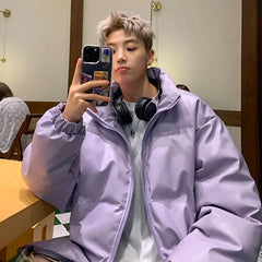 Hearujoy Purple PU Leather Down Cotton Jacket for Men's Winter New Japanese Retro Thick Stand Up Collar Coat Oversized Loose Bread Jacket