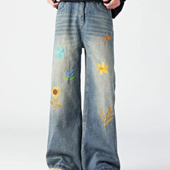 HEARUJOY  -  Hip Hop Trendy Jeans Mens Flower Embroidery Loose Straight Tube Cowboy Pants Size M-3XL Multiple Pockets Denim Trousers Male