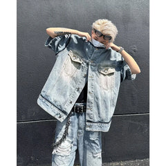 HEARUJOY  -  Short Sleeved Mens Denim Jackets Summer Fur Edge Retro Trend Tooling Cowboy Tops Hip Hop Multiple Pockets Shoulder Pads Shirts