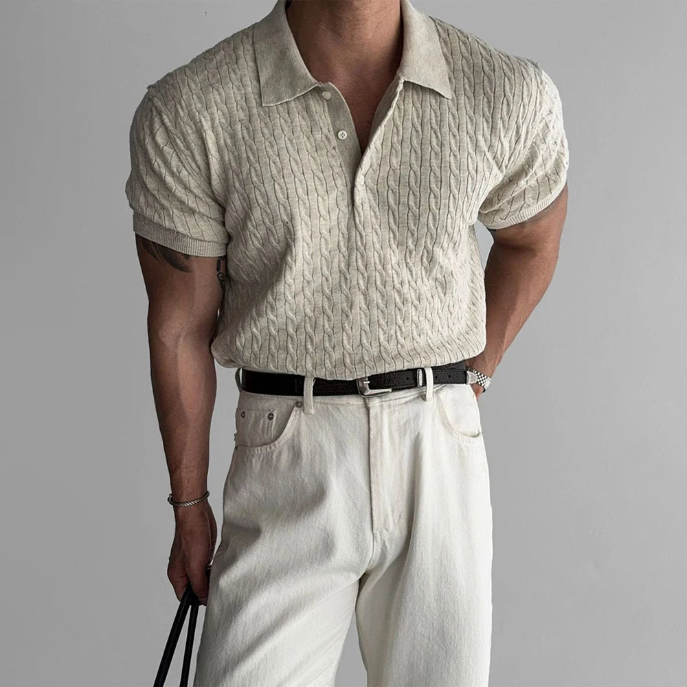 HEARUJOY  -  Men's Knitted Short-Sleeved Polo Shirt American Retro Fashion Trend Casual Simple Loose Breathable Niche Summer New Men's Tops