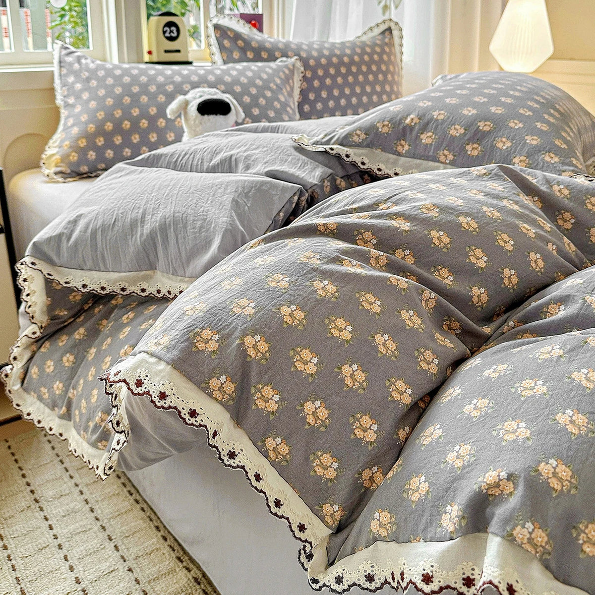 YICKYUE  -  Vintage Floral Lace Trim Bedding Set and Components Soft Washed Cotton Duvet Cover Set Bed Sheet Pillowcases Twin Queen King