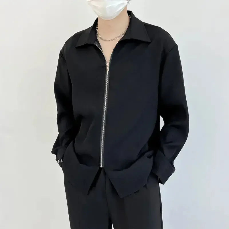 Hearujoy Zipper Shirt Men's Spring and Fall Senior Design Drape Casual Fashion Loose Light Luxury Inner Long-sleeved Shirt Men Clothing