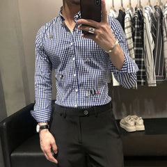 HEARUJOY  -  Stylish Men's Work Shirt Hairdresser Uniform Plaid Long Sleeve Slim Fit Autumn Fashion
