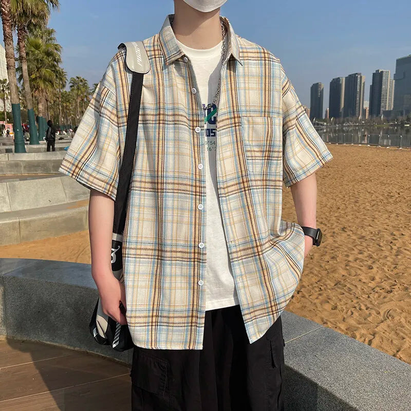 YICKYUE  -  Plus Size Plaid Shirts for Men Summer Fashion Short Sleeved Loose Man Casual Shirt High-street Harajuku Korean Mens Blouse 5XL