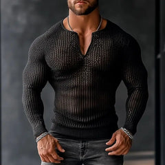 HEARUJOY  -  Men's Transparent Mesh Shirt V-Neck Long Sleeve Casual Loose Fit Breathable Summer Top Trendy Streetwear Fashion