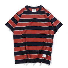 HEARUJOY  -  Heavyweight Pure Cotton Round Neck T-shirt for Men Locomotive Styles Streetwear Summer Casual Men Short Sleeve Stripe Tshirt Top