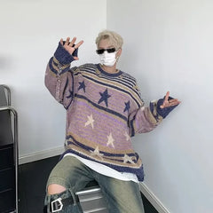 Hearujoy Y2K Star Sweater Men Harajuku Striped Knitted Pullovers Jumpers Male Tops Oversize Purple Winter Streetwear Hip Hop