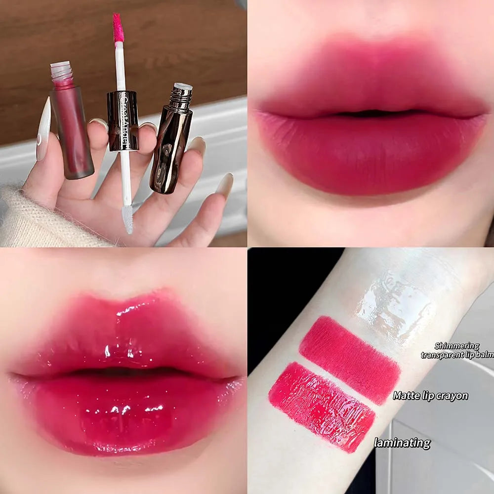 YICKYUE  -  1Pc Dark Rose Red Glass Lip Gloss Korean Mirror Water Lip Glaze Double Head Matte Lipstick Non-Sticky Waterproof Lip Tint Makeup