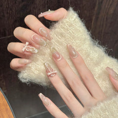YICKYUE  -  10pcs Handmade 3D Ribbon Bow Press on Nails Gradient Pink Green Fake Nails with Pearl Decor Detachable Cat's Eye False Nails Tip