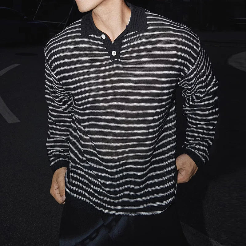HEARUJOY  -  Trendy Buttoned Lapel Men's Knit Polos Autumn Long Sleeve Breathable Hollow Out Polo Shirts For Mens Daily Casual Pullover Tops
