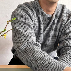 Hearujoy Mens Autumn Waffle Solid Color Round Neck Knitted T-Shirt Genderless Fashion Trend Casual Loose Simple Long Sleeve Top Unisex