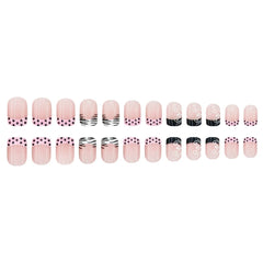 YICKYUE  -  24pcs Wearable Press On Nails Black White Striped Dot French Tip Short Square False Nails Elegant Resin Fake Nail Office Daily