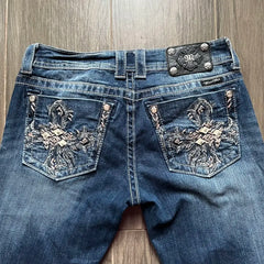 Hearujoy American Harajuku Gothic Y2K Heavy Industry Washed Blue Embroidered Pattern Jeans Women's Autumn Street Trend Slim Flared Jeans