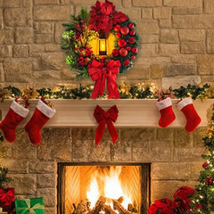 YICKYUE  -  30cm Christmas Wreath With Lantern, Front Door Garland With Large Bow Seasonal Ornament Christmas Decoration For Front Door Wall