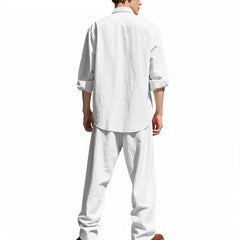 HEARUJOY  -  Spring Autrumn New Casual Men Linen Two Piece Set Fashion Solid Loose Outfits Stand Long Sleeve Shirts and Trouser Suits Mens