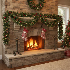 YICKYUE  -  Christmas Garland Wreath 1.8M, Artificial Rattan with LED Pinecones Red Berries for Front Door Fireplace Stairs Xmas Decoration