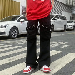 HEARUJOY  -  Y2K New Fashion Zipper Pockets Black Baggy Cargo Jeans Pants For Men Clothing Straight Hip Hop Long Trousers Pantaloni Uomo