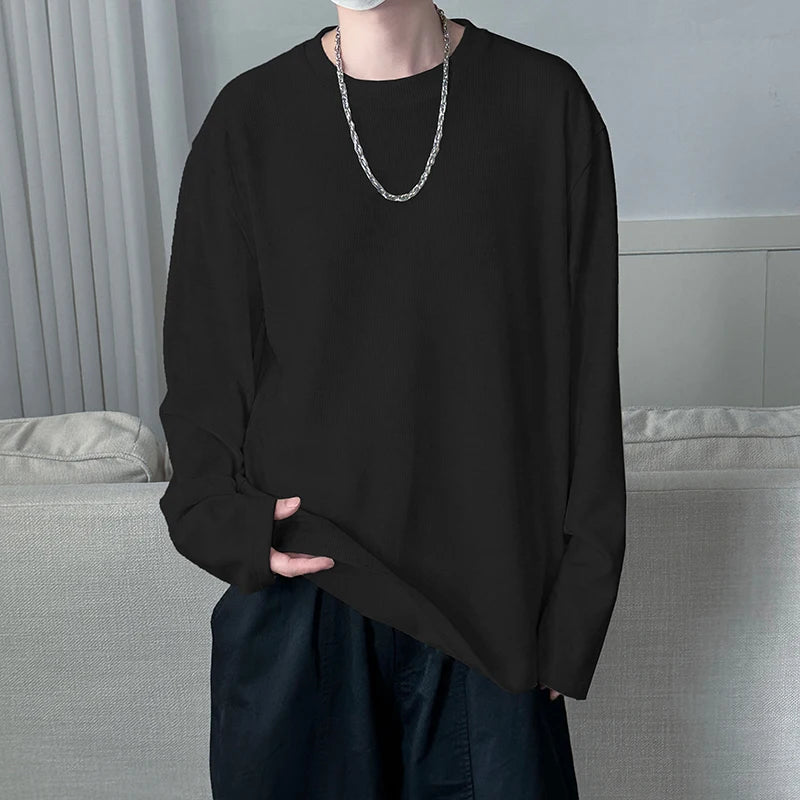 HEARUJOY  -  Autumn British Striped Round Neck Long Sleeve T-Shirt Japanese Korean Soild Color Casual Breathable Bottoming Shirt Men