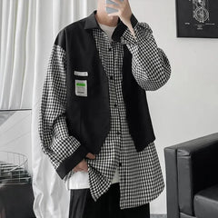 HEARUJOY  -  Fake Two-piece Plaid Spliced   long-sleeved Shirt Loose Design Men's Casual Hong Kong Style Jacket Spring and Autumn New Style