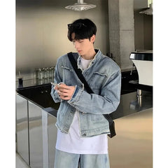 HEARUJOY  -  Autumn Denim Set Men Denim Jacket +Wide Leg Straight Jeans Casual Loose Solid Color Korean Style Street Stand Collar 2pcs Suit