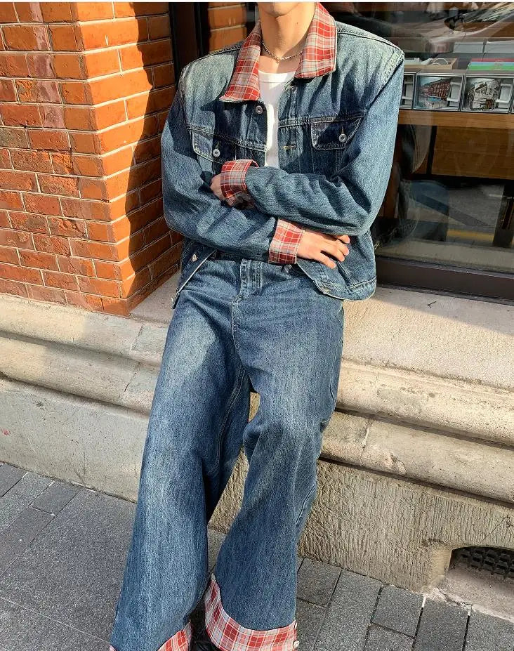 HEARUJOY  -  New Grid Retro Denim Two-piece Set Mens Lapel Color Blocking Street Cowboy Coats+Wide Leg Jeans Suits Hip Hop Trend Sets Unisex