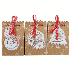 YICKYUE  -  12 Pcs Christmas Kraft Paper Gift Bags With Hanging Tags And Xmas Ribbon, Holiday Treat Sacks With Snowman, Santa, Tree, Sock