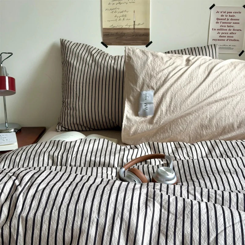 YICKYUE  -  3/4pc New Mix Color Striped Bedding Set Washed Cotton Duvet Cover Set+Sheet+Pillowcases for Single Full Queen Home Bedlinens