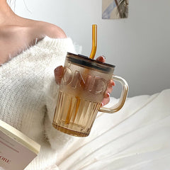 YICKYUE  -  400ml Retro Glass Tumbler With Lid And Straw Glass Coffee Cup Thick Glass Mug Milk Juice Cup Transparent/Green Juice Mocha Cups