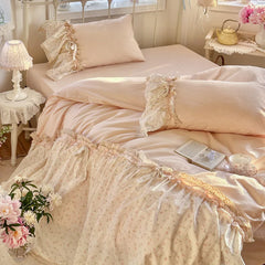 YICKYUE  -  3/4Pcs Bedding Set French-Inspired, Girly, Princess-Style Bows and Lace Pink Duvet Cover Pillowcase Bedding Full Set Double Bed