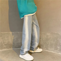 HEARUJOY  -  Men Wide Leg Ankle Length Jeans Washed Jean Denim Trousers Mid Waist Distressed Pockets Straight Pants Zipper Fly Vintage