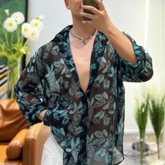 Hearujoy Mens Sexy Floral Mesh See-Through Casual Long-Sleeved Shirt Genderless Fashion Versatile Personalized Lightweight Top Unisex