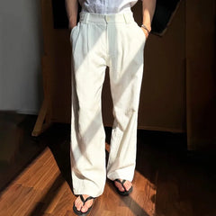 YICKYUE  -  Spring Summer Men Pinstripe Pants High Waist Wide Leg Relaxed Fit Casual Office Trousers