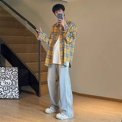 HEARUJOY  -  Casual Yellow Plaid Long-sleeved Lapel Shirt Versatile Loose Jacket for Men and Women Couples
