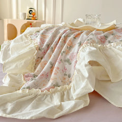 YICKYUE  -  Floral Print Korean Style Princess Lace Ruffles 100% Cotton Bedding Set Duvet Cover Bed Sheet/Fitted Sheet Pillowcases 3/4Pcs