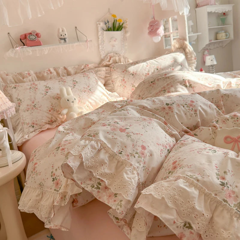 YICKYUE  -  100% Cotton Double Layer Lace Ruffle Floral Bedding Set Vintage Rose Print Duvet Cover Flat Sheet/Fitted Sheet Pillowcase 3/4Pcs