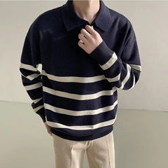 Hearujoy Shoulder Drop Striped Lapel Sweater Men's Light Luxury Outerwear Knitted Sweater Long Sleeved Casual Temperament Line Garment