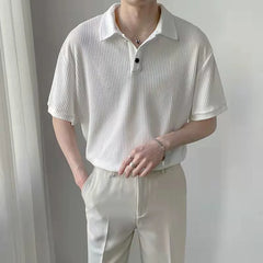 Hearujoy Summer New Waffle Short Sleeve Polo Shirt Men Lapel Casual Loose Solid Color Lapel Button Up Designer Polo T Shirt for Men