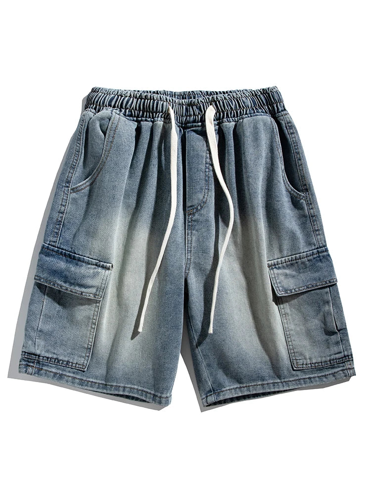 HEARUJOY  -  Summer Denim Shorts Men Korean Fashion Wide Leg Straight Jean Short Male Multi-Pocket Loose Fit Denim Cargo Shorts